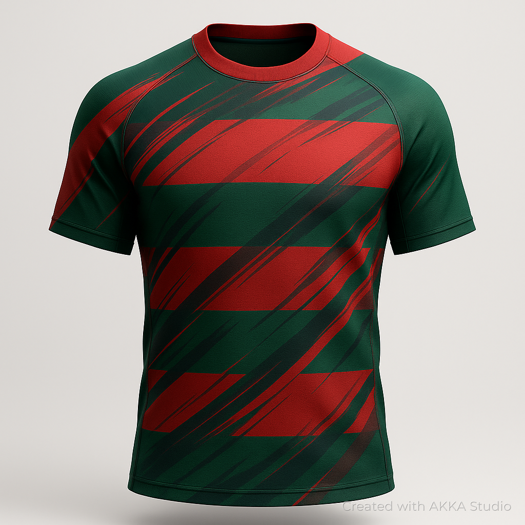 Design de maillot de rugby vert et rouge créé avec AKKA STUDIO