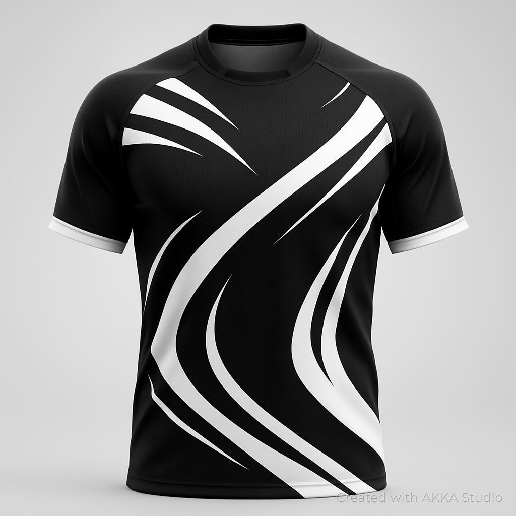 Design de maillot de rugby noir et blanc créé avec AKKA STUDIO