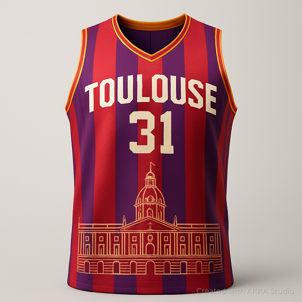 Design de maillot de basket violet et rouge créé avec AKKA STUDIO