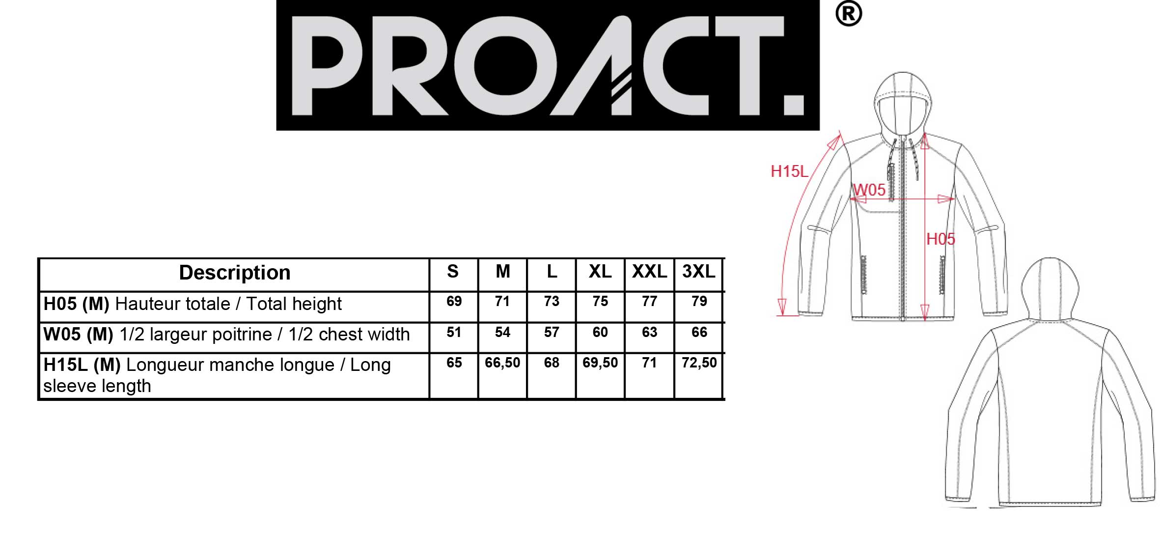 Guide de taille Sweats Vestes ProAct - A